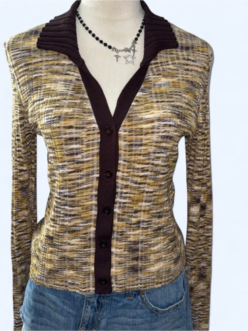 Hooked Up by IOT Brown Trim Yellow Multi-Tone Knit Cardigan